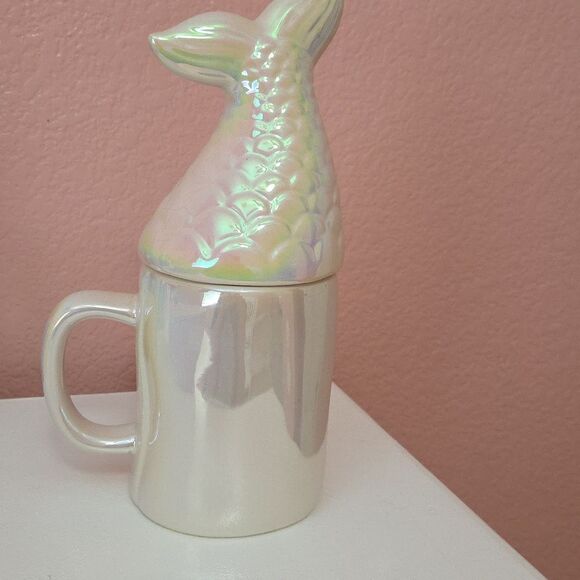Rae Dunn Mermaid Sparkle iridescent ceramic mug with a mermaid tail lid - Picture 2 of 5